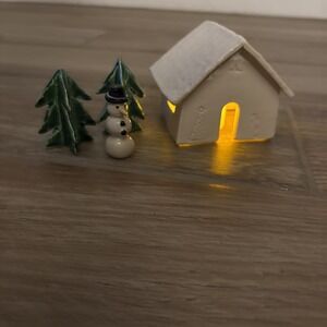 Handmade Mini Ceramic Lighted House 3" w/ 2 Trees & Snowman- Made In‎ USA